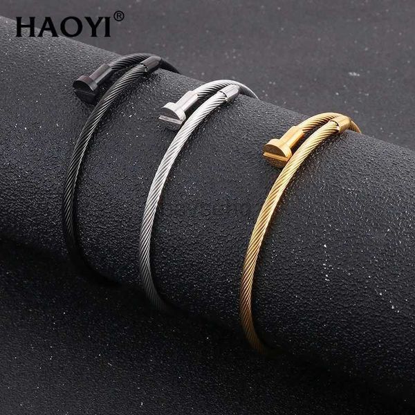 Bangle Haoyi Aço inoxidável Ajuste Ajuste Banda de unha Charme Bracelete de pulseira Pulletiva feminina Punk Neutro Jóias Atacado 240411