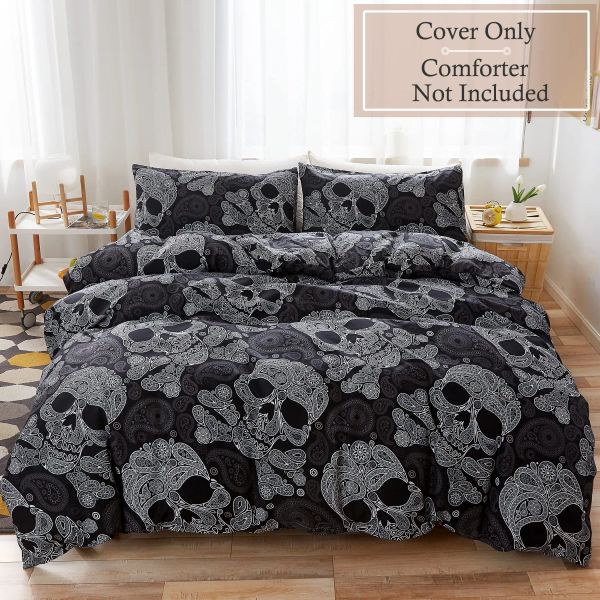 Tampa de edredão Conjunto de esqueleto de crânio preto/Paisley Floral Gothic Luxury Bedding Soft Conjunto de edredom Decoração de Halloween, tamanho da rainha