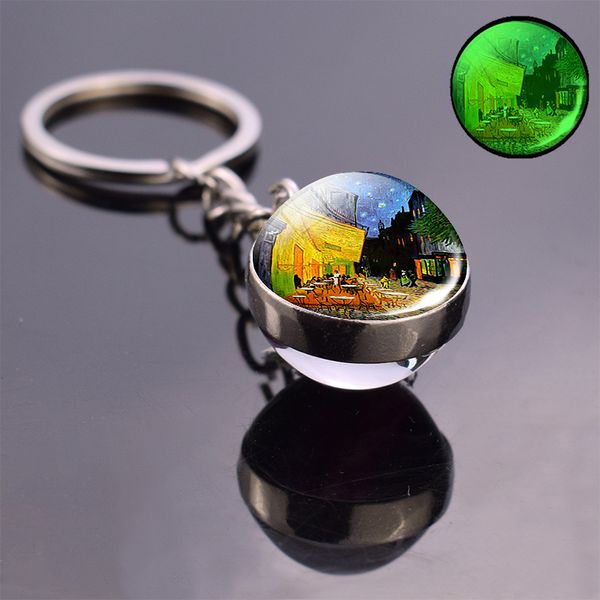 Leuchtet in dunkler Van Gogh Sonnenblumenkunstglas Ball Keychain Sternennacht Sonnenblumen Kunst Luminöser Schlüsselbund Schmuck Anhänger Geschenke