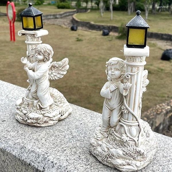 Estatuetas decorativas lâmpada solar lâmpada européia coluna romana anjo escultura ao ar livre jardim pátio pátio de decoração resina resina artesanato acessórios