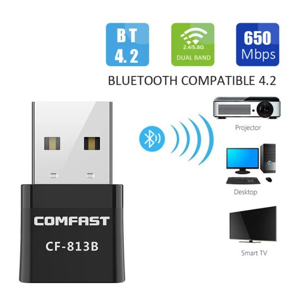 Карты 650 Мбит / с USB Bluetooth Adapter 5GHz Двухполосной беспроводной приемник Mini WiFi Dongle BT4.2 Wi -Fi -карта для ПК / ноутбука