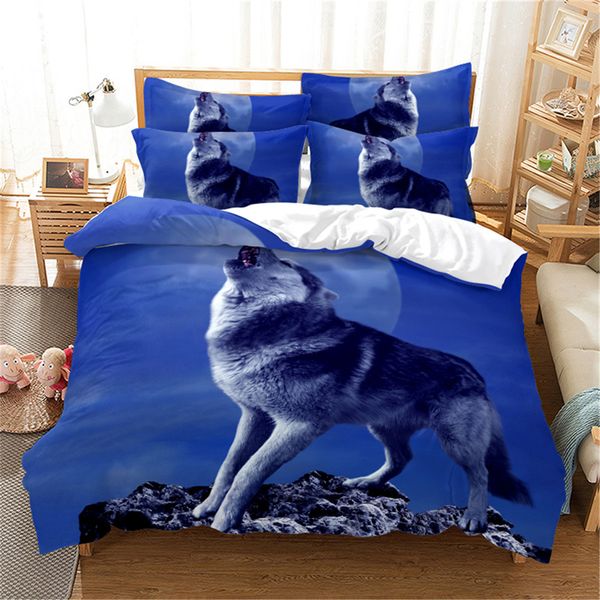 Conjunto de cama de lobo de lobo cinza Conjunto de capa de edredão de animais 3d Cama de cama de luxo de impressão de linho da cama de linho