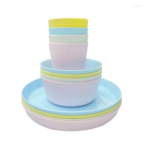 Учебные посуды наборы на 12 штук пластиковой набор стильный многоразовый бесплатный 4 чашки и тарелки, подходящие для дома на открытом воздухе.