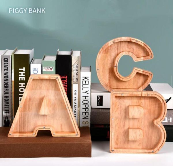 Jarra de armazenamento de dinheiro de madeira caixa de economia de dinheiro transparente 26 letra de alfabetismo inglesa Piggy Banks DIY Creative Gift3796273