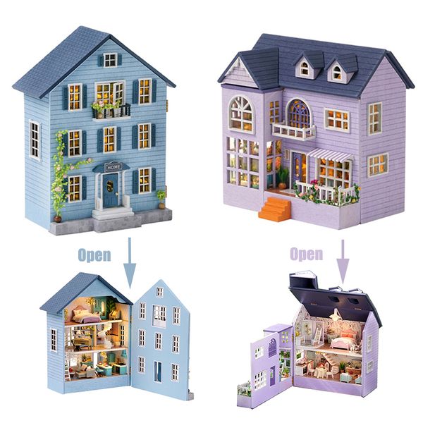 Миниатюра Mini City поместья деревянный кукольный домик Casa Miniature с мебелью набор 3D Doll House DIY Сборка игрушек для детей подарки