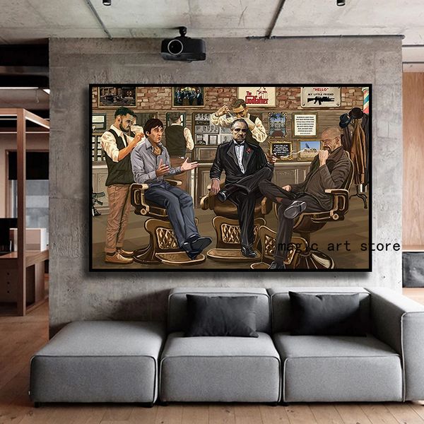 Vintage Movie Gangster Godfather im Friseurladen sprechende Kunstplakat Leinwand Malerei Wanddrucke Bild für Zimmer Wohnkultur