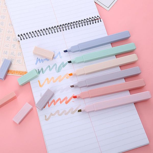 6 PCS/SET CABELAS DUPLAS PENS Highlighter Marcador de arte Kawaii Round Shape Manga Pen de papelaria de caneta colorida Estudante DIY Supplies