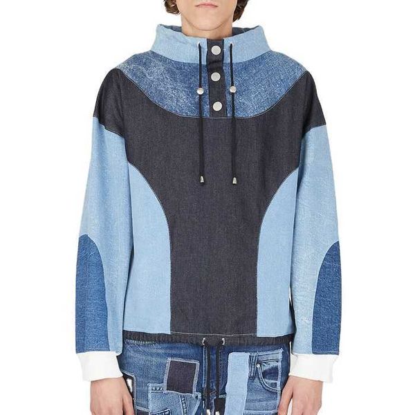 Рок -полоса мужская цветная пэчворк с передней кнопкой замыкание кнопка мамка шея шнурки винтаж вымытый джинсовый пуловер.