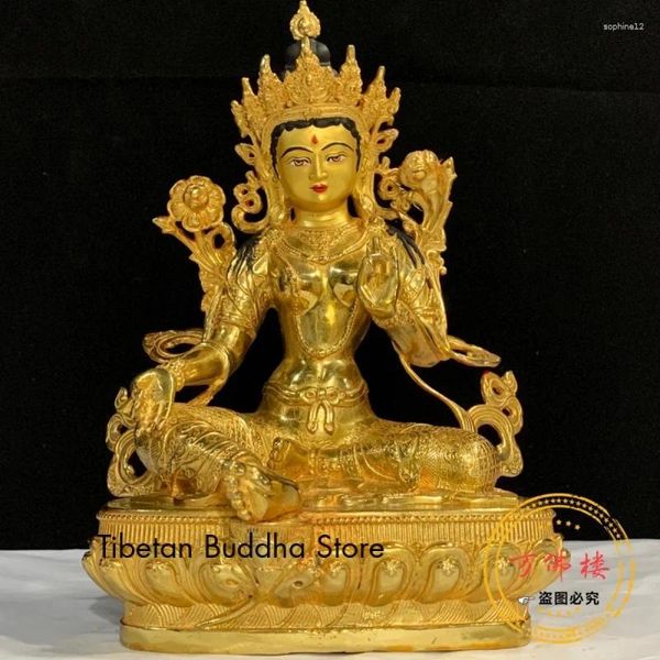 Figurine decorative da 12 pollici Green Tara Guanyin Gilding Gold 33,33 cm Ornamenti di rame puro il tibetano può contenere statue di culto del buddismo