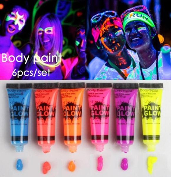 6Colorsset Neon Face Face Body Paint Grow in the Dark Festival Pintura acrílica tintas luminosas Arte Para o Halloween Party Z0527368887