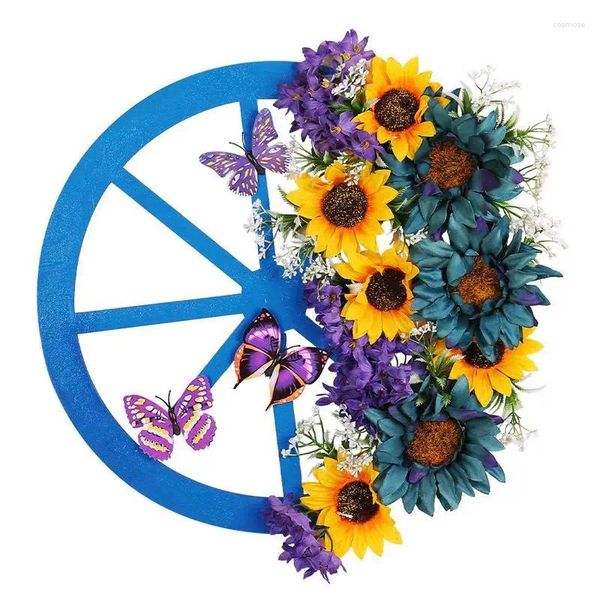 Dekorative Blumen Frühlingskranz 15,7 Zoll Blue Wheel Blumengirlandetür mit Sonnenblumen Schmetterlinge