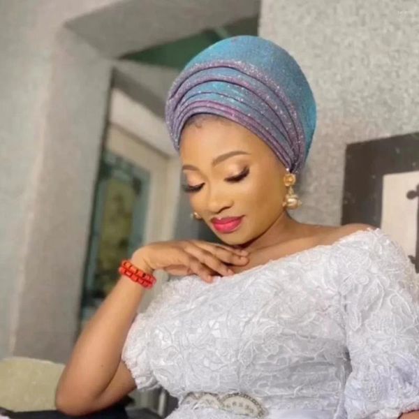 Moda étnica Moda Mulheres Glitter plissado Turbano Cap para a Headtie Headtie Headtie Cabeça envolve o capacete da festa de casamento da Nigéria Africana