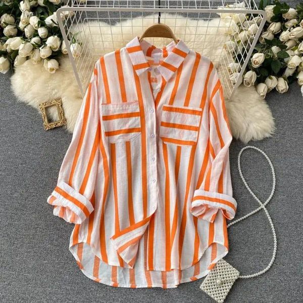 Damenblusen Button-up Bluse Casual Lose Fit Stylish vertikal gestreift