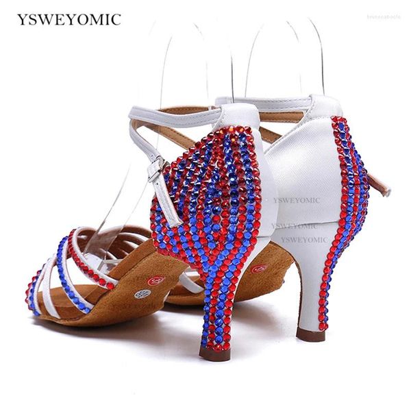 Sapatos de dança Rhinestones Women Red Blue Mixed Color Latin com Salsa de Diamante para Lady em Médio 7,5 cm de salto