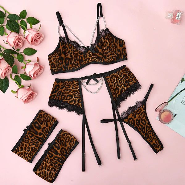 Erotik seksi iç çamaşırı babydoll kadın açık sütyen seti, leopar baskısı bra g-string iç çamaşırı setleri şeffaf bralette