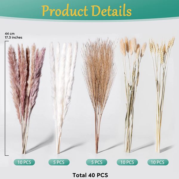 40pcs Pampas secco naturale erba per decorazioni per la casa Pampas code coniglietto marrone pianta di polvere di grano BOHO secco con sache di lavanda