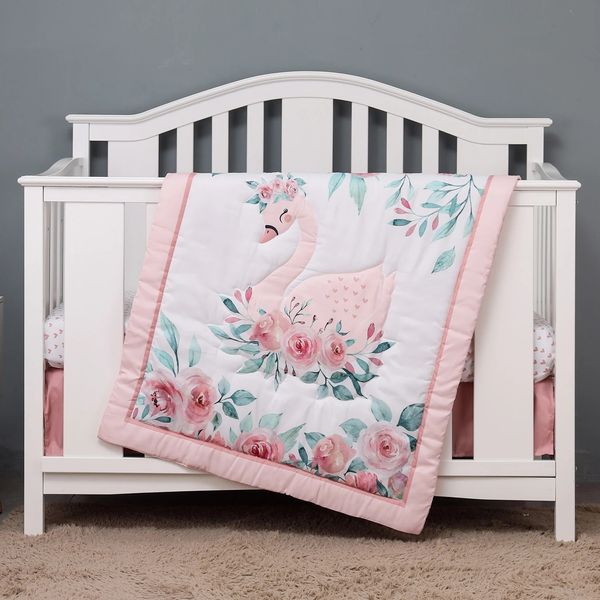 3pcs Mikrofaser gebürstete Babybettbett -Bettwäsche -Set Swan und Blumendesign für Mädchen, einschließlich Quilt Crib Sheet Crib Rock 240328