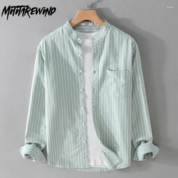 Camisas casuais masculinas masculinas japonesas listram primavera diariamente algodão puro tops de colarinho de colarinho de manga longa com bolso simples