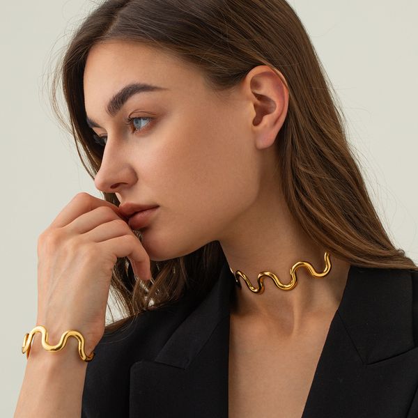 Conjunto de pulseiras de aço inoxidável banhado a ouro para mulheres, colar com pingente de onda, joias para banquete_voghion.com