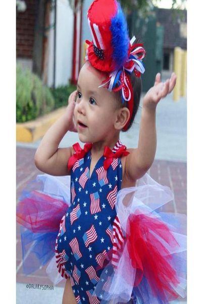 Retailwhole Baby Girl Star listrado Impressão Independência Dia do dia com fita de cabeça Bow 2pcs Conjunto Kids Onepuse macacão de macacão C7573711