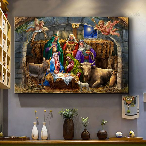 Criança de natividade cristã Cena de pôster impressão Jesus Birth Wall Art Printing Pictures de Natal Decoração de presente decoração Decoração de casa