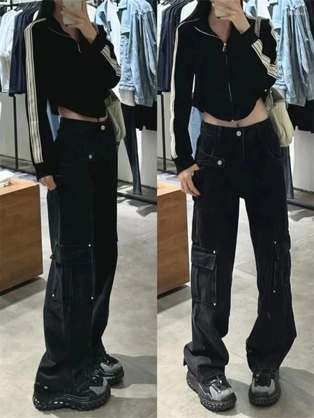 Frauen Jeans Baggy Women Big Pocket Wischung Denim Cargo Hosen Herbst Winter 2024 Straight Vintage Wide Leg Casual Streetwear