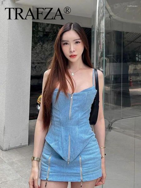 İş elbiseleri trafza yaz kadın retro retro denim mavi yular kırpılmış üstler 2 parçalı set seksi fermuar yüksek bel çanta kalça etek sokak kıyafeti