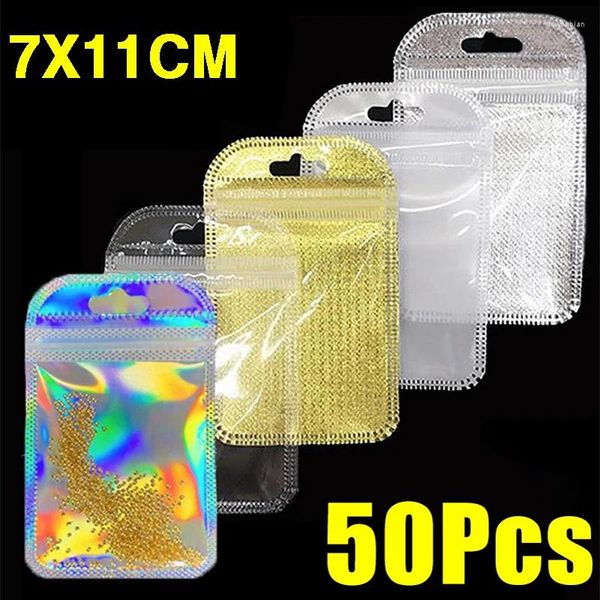 Bolsas de armazenamento 50pcs engrossam a laser laser laser iridescente branco com orifício de jóias para fazer jóias diy