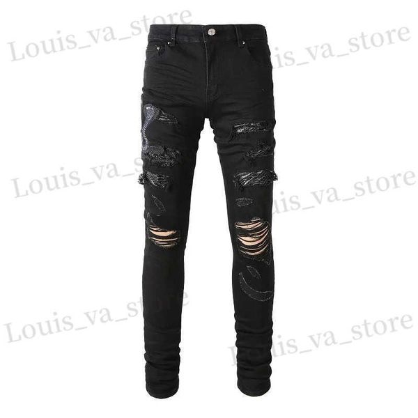 Herren Jeans Männer Schlangen Sticke Jeans Skinny Tapered Stretch Denim Hosen Strtwear Löcher Rippte Leder Patch -Patchworkhose Schwarz T240411