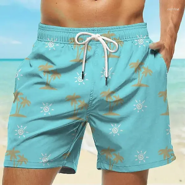 Shorts masculino Fashion Board Tree Coconut Tree Quick Dry Holiday Beach Hawaiian Casual Pink Blue Microelástico