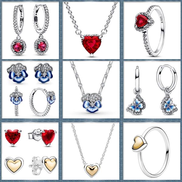 Sparkling Heart Halo Подвесное кольцо ожерелье Red Red Heart Ring 925 Серебряное серебряное украшение набор женских