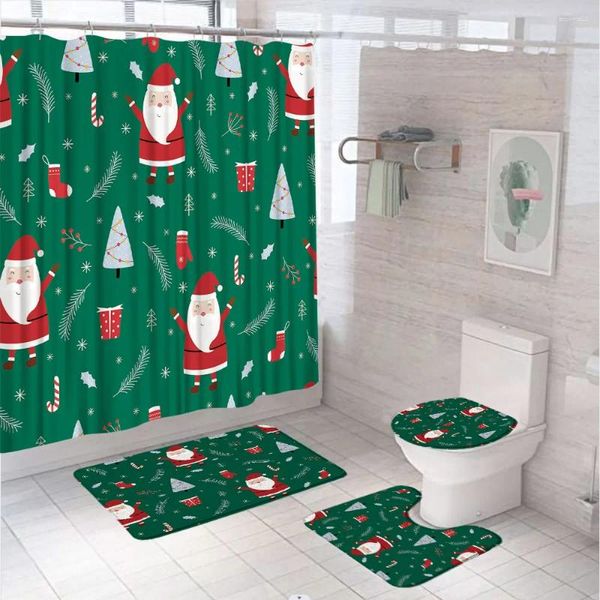 Cortinas de chuveiro 4pcs Papai Noel Cortina Conjunto de Férias de Natal Presente de Natal Árvore Decoração de Banheiro Treça de Trequinho Tapete de Tapete Tampa Tampa da Tampa