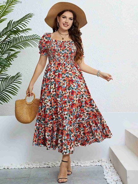 Vestidos casuais básicos Plus Tamanho Mulheres roupas de manga soprada de manga floral colar quadrado