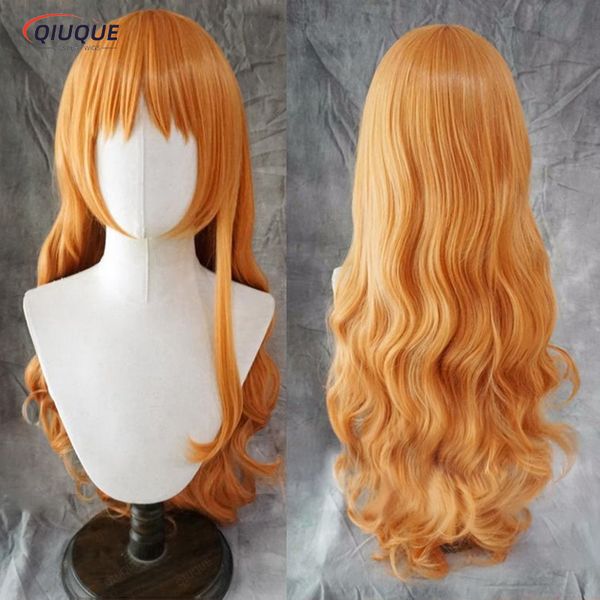 Yüksek kaliteli yetişkin nami cosplay peruk kadın 75cm uzunluğunda kıvırcık dalgalı turuncu ısıya dayanıklı saç anime tek parça cosplay perukları + peruk kapağı