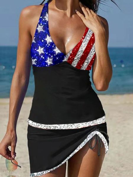 Tankini mayoları kadınlar için 2 adet Amerikan bayrağı baskı parıltılı mayolar tankini üstü çizme etek plaj mayoları