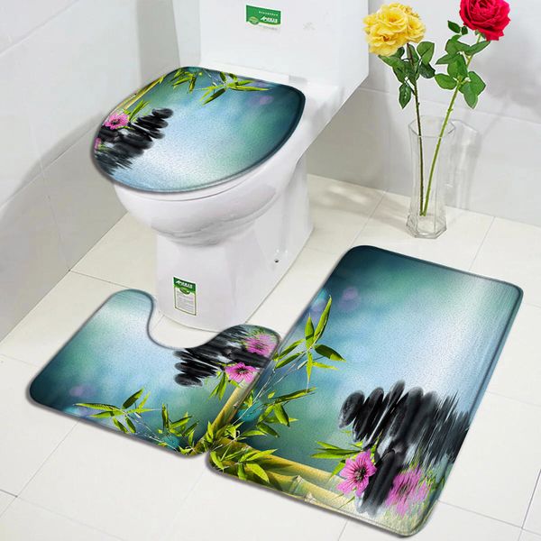 Tappetino da bagno in bambù verde zen set di tappeti di loto rosa acqua nera giardino spa giardino paesaggio decorazione bagno tappeti non slitta