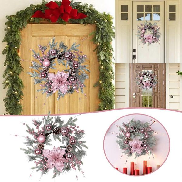 Flores decorativas grinaldas de natal para porta da frente fofa berry rosa inverno flocked agulha videira alpendre as decorações de outono