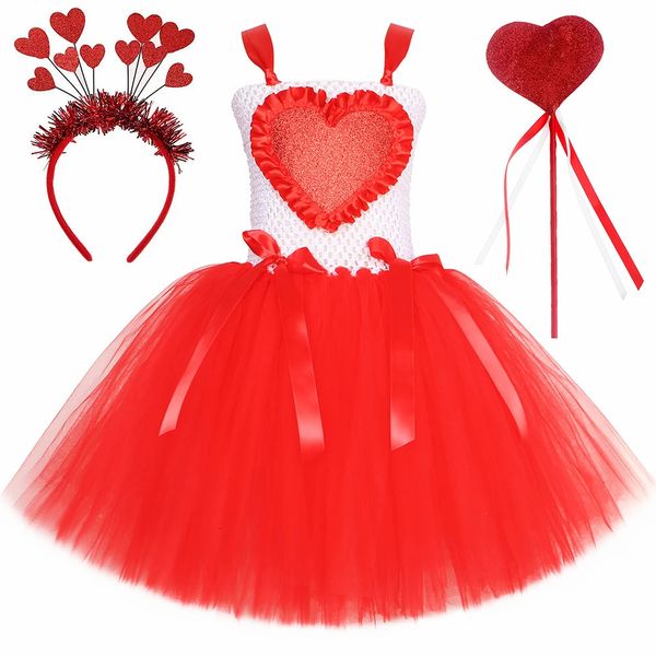 Meninas do dia dos namorados Tutu Princess Dress Red Love Heart Kids Tulle Dress Vesti