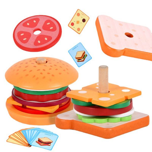 Montessori Brinquedos de hambúrguer de madeira para crianças Toys educacionais de crianças em idade pré -escolar tocam comida com cartas brinquedo de aniversário para crianças