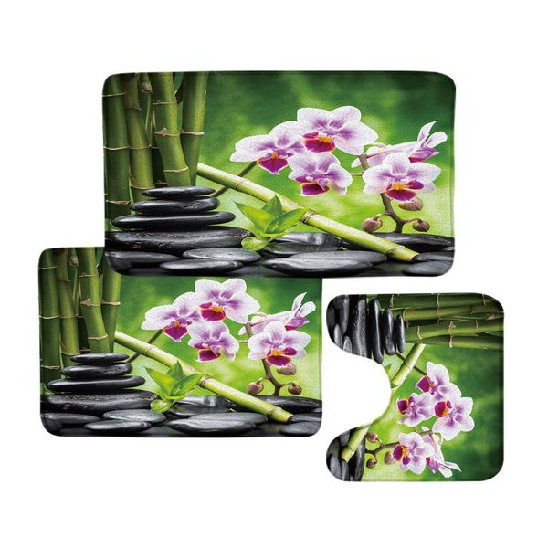 Tappetino da bagno zen set di fiori di orchidea viola in bambù verde pianta in pietra nera paesaggio scenario arredamento da bagno tappeti tappeti tappeti