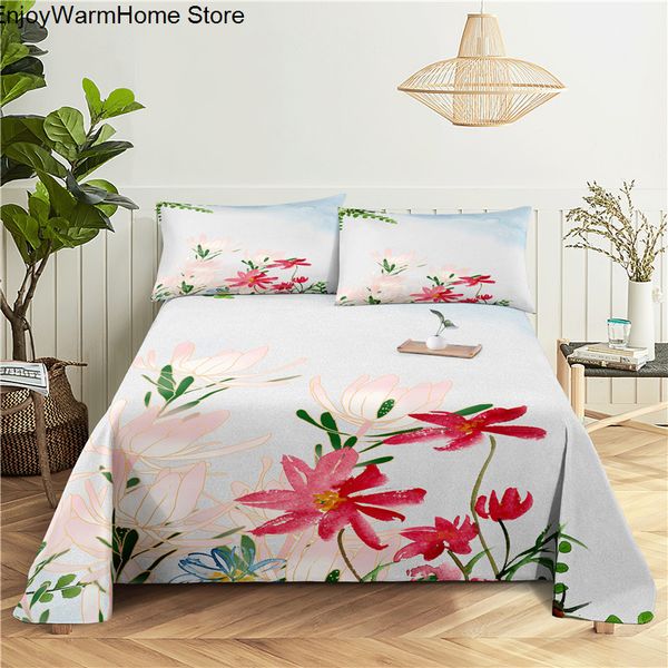 Conjunto de lençóis simples folhas de cama de poliéster impressas 3D Design de flores Passagem de lençol plano para decoração de casa