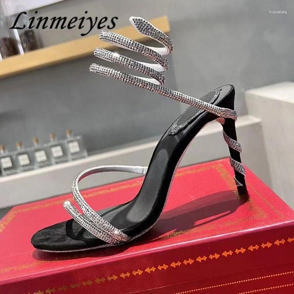 Scarpe eleganti lussuoso gladiatore tacco alto sandali donne strass alla caviglia della caviglia attorno al ballo del ballo di cristallo cristallo donna stiletto