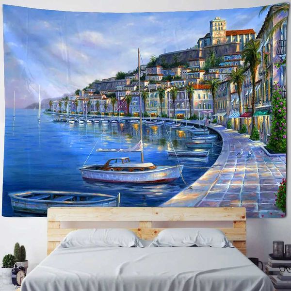 Tapestria tapeçarias Vista do mar Pintura a óleo Pintura de estilo europeu Paisagem Impressão de fundo Casto quarto Decoração de parede da sala R0411