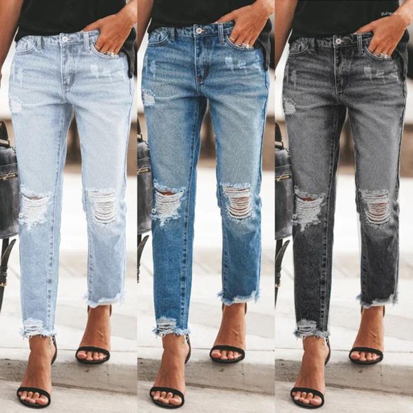 Frauen Jeans 2024 Sommer -Denim Temperament Ripped Hosen Wunsch Netzwerk Red Casual Blue für Frauen