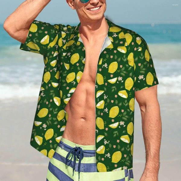 Camisas casuais masculinas Fruta brilhante Camisa havaiana férias masculinas Vacados verdes amarelo limão de luva curta