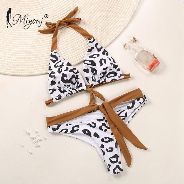 Miyouj Yeni Bikinis Bandage İnek Desen Baskı Mayo Kadın Beyaz Kahverengi Patchwork Mayo Biquini Seksi String Bikini Set