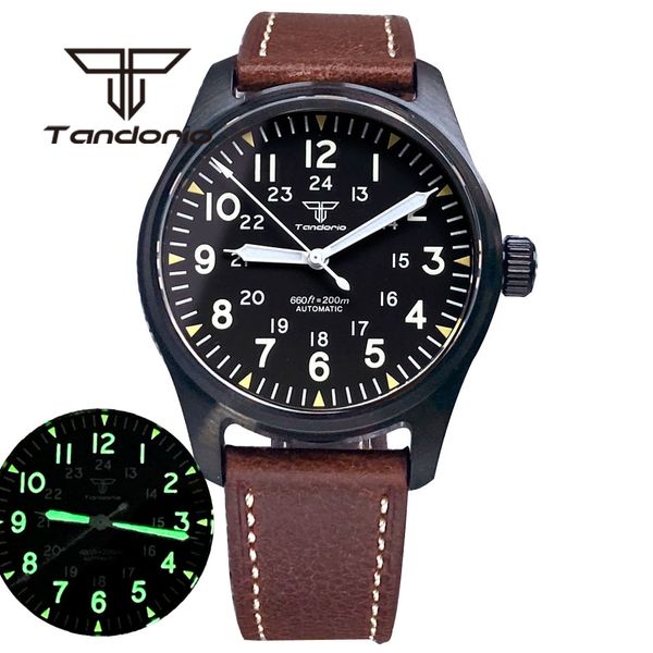 Tandorio NH35A Pt5000 Black Pvd 39 мм 200 м. Автоматические пилотные часы для мужчин для мужчин кожаный ремешок сапфировый стекло зеленый светящий