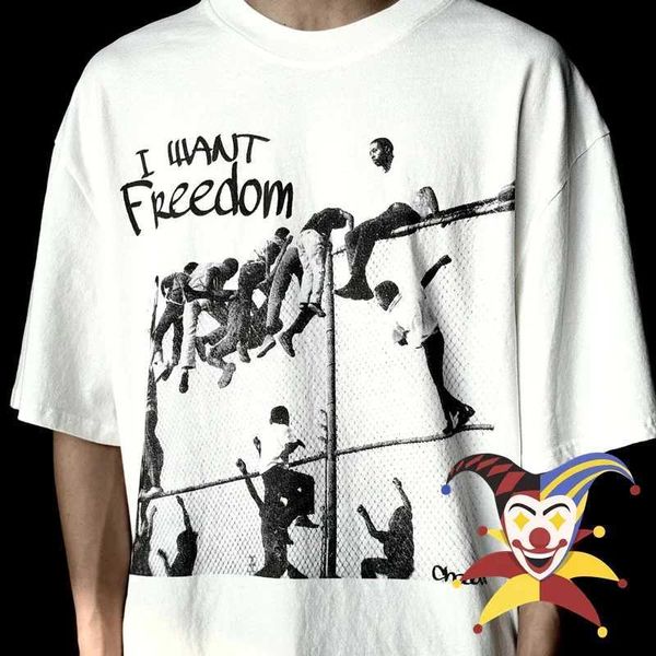 T-shirt maschile I Want Freedom Saint Michael T-shirt uomini Women White Oversare Tops Tops Streetwear Shirt J240409