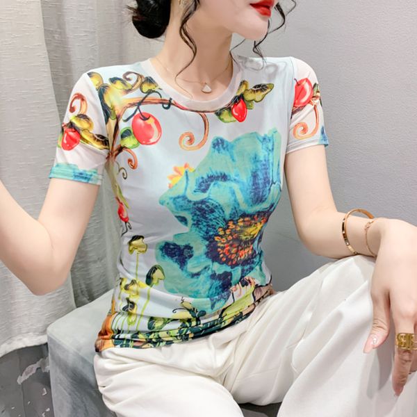 #6428 3D baskı tişört kadınlar kısa kollu yaz vintage t-shirt ince seksi elastik kadın t-shirt çiçek kısa kadın tişört