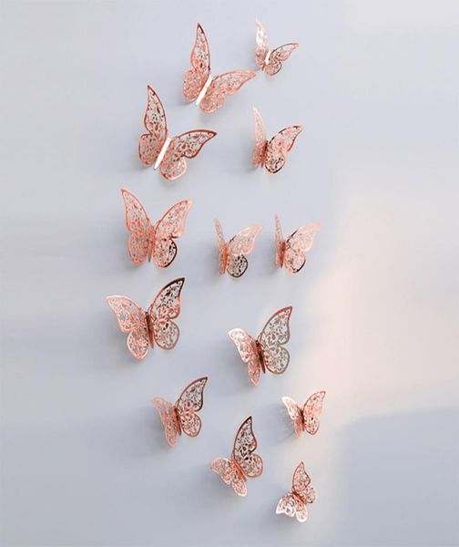 12pcsset rosa oro rosa 3D Adesivo a parete a farfalla cava